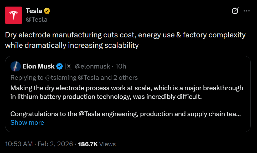 马斯克官宣干电极工艺量产 特斯拉距离固态电池更进一步?
